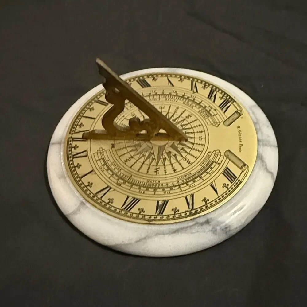 Vintage R Glynne Fecit Sundial Desk Decor Paperweight MCM Brass Marble
